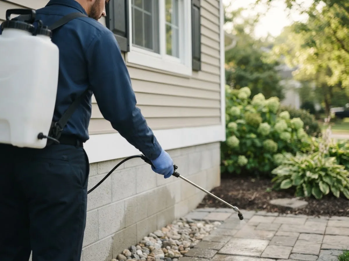 Pest control technician inspecting a home in Getzville, NY